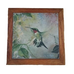 Larry K Martin Signed ceramic tile 7x7 hummingbird Hotplate Trivet Wood Frame